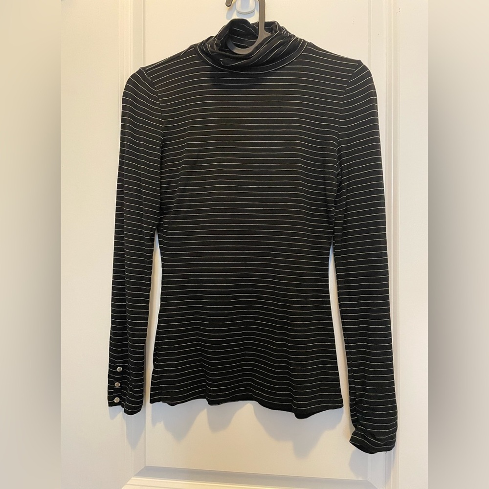 White House Black Market Black and White Striped Cowl Neck Top